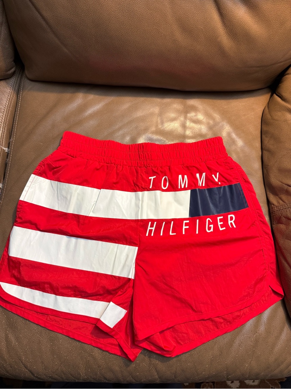 Tommy Hilfiger Red Athletic Shorts with White and Navy Logo Accents